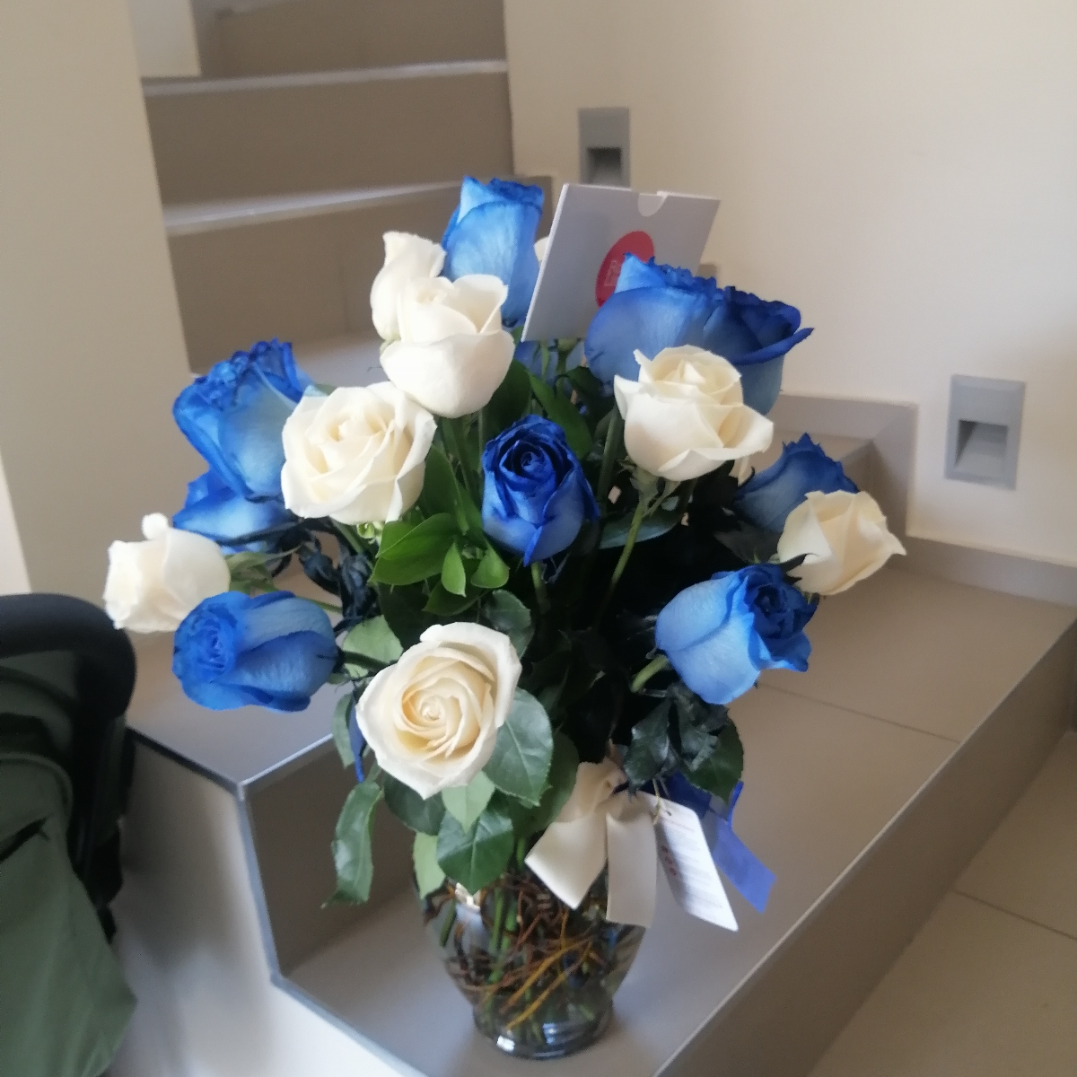 Arreglo floral en florero ánfora con mix de 24 rosas blancas y azules - Pedido 243163