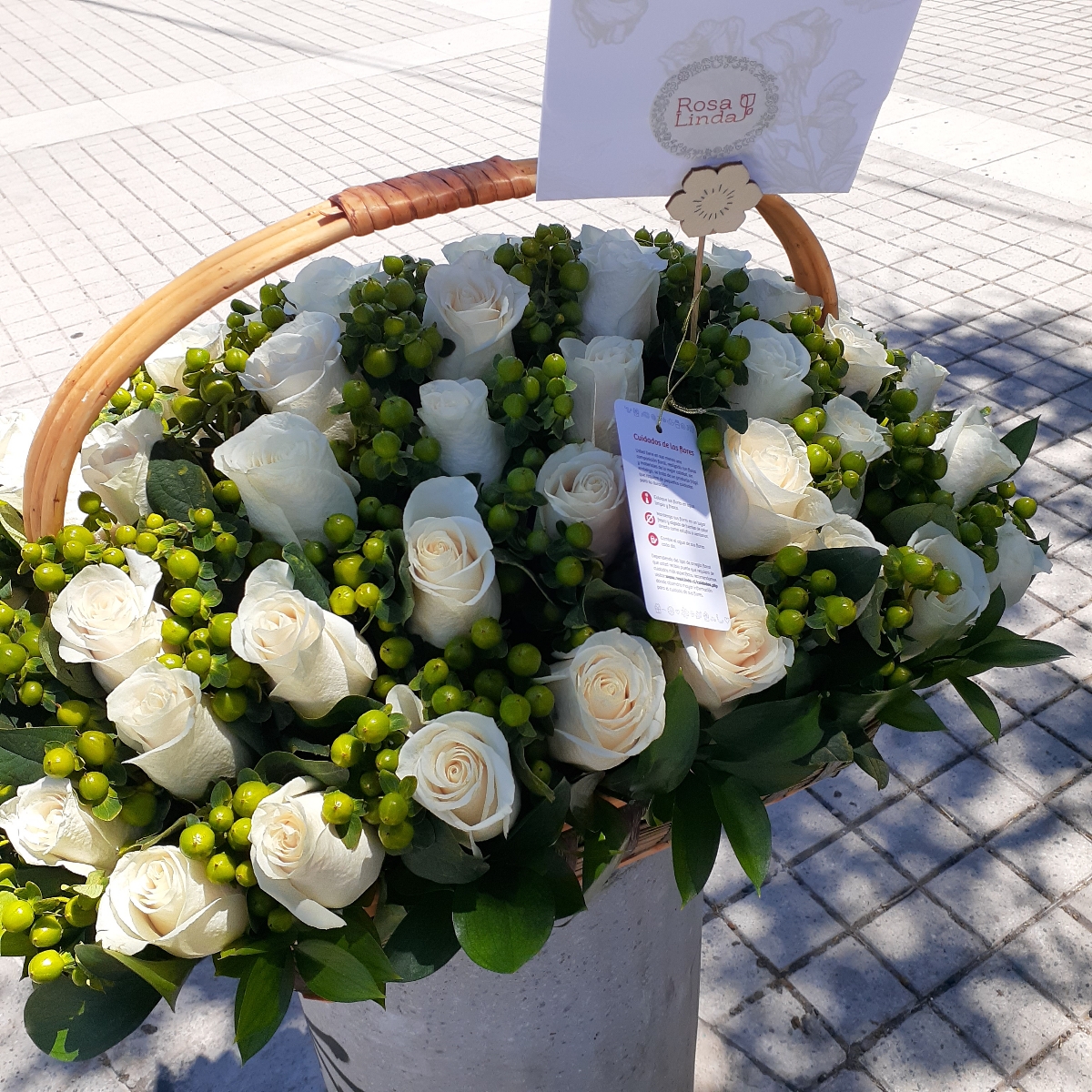 Arreglo floral en canasto con 50 rosas blancas e hypericum verde - Pedido 247796