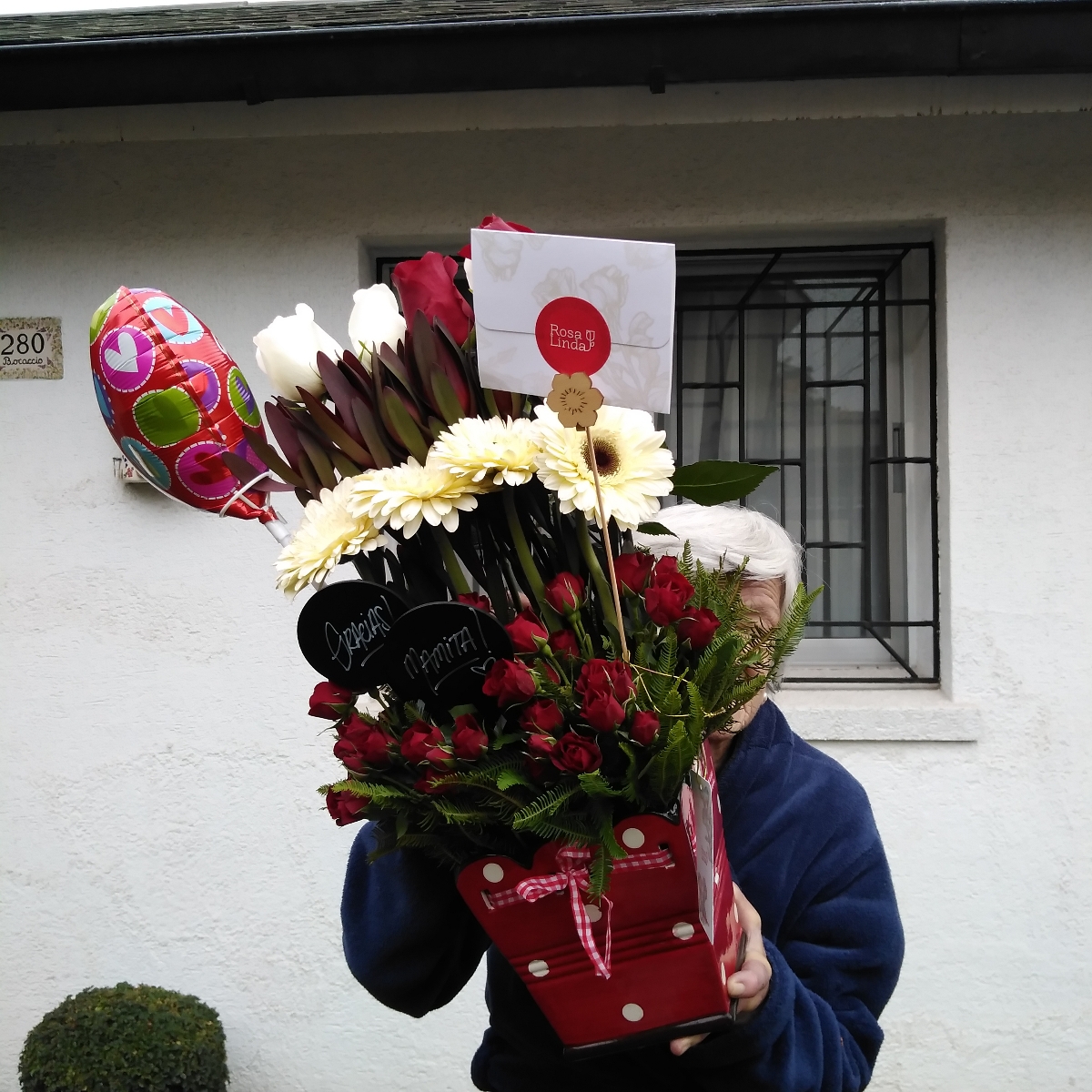 Amor de madre Rojo - Arreglo floral para mamá con mix de rosas blanco-rojo, hypericum, leucadendros, gerberas rojas y minirosas blancas - Pedido 254545