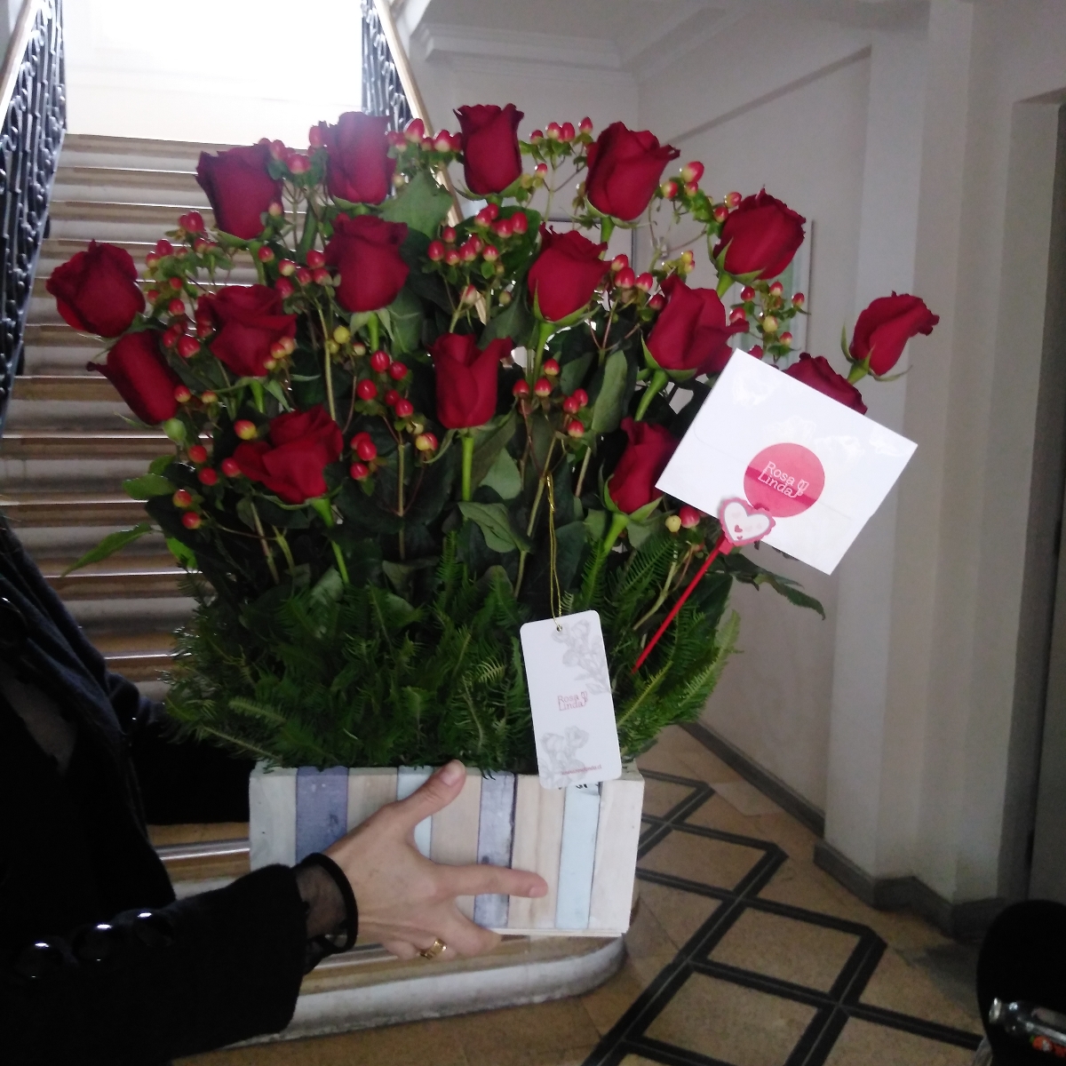 Jardín de Rosas Rojas - Arreglo floral con 16 rosas rojas e hypericum rojo - Pedido 256409